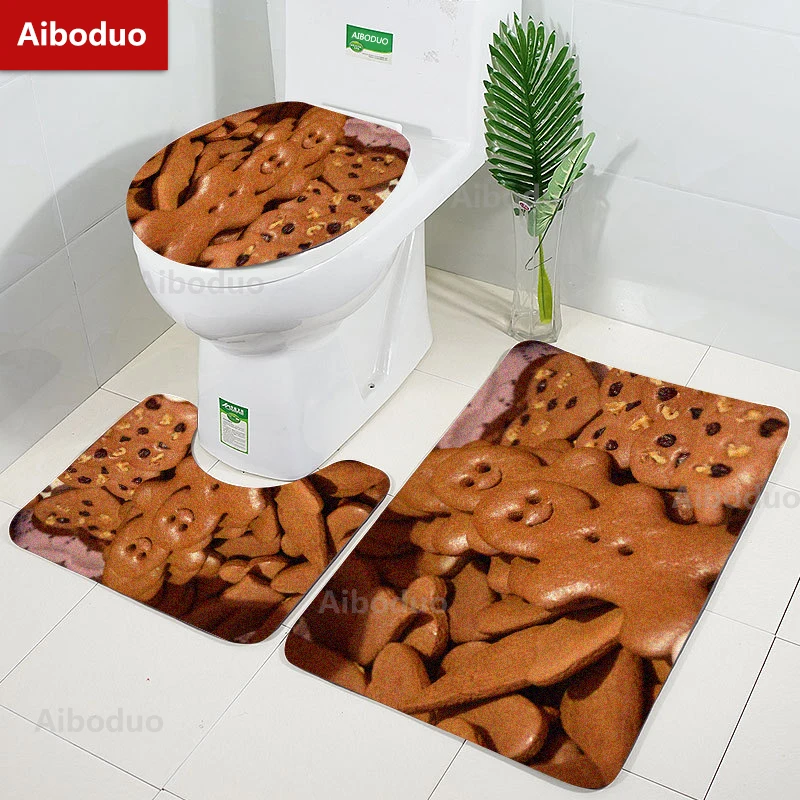 

Aiboduo Gingerbread Man Non Slip 3pcs/set Toilet Lid Cover Set Absorbent Carpet Restroom Rug Christmas Home Decoration BathMat