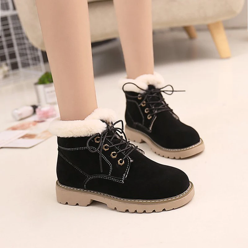 E TOY WORD Women's snow boots 2019 new short boots winter plus velvet warm boots lace up flat Martin boots fur shoes women