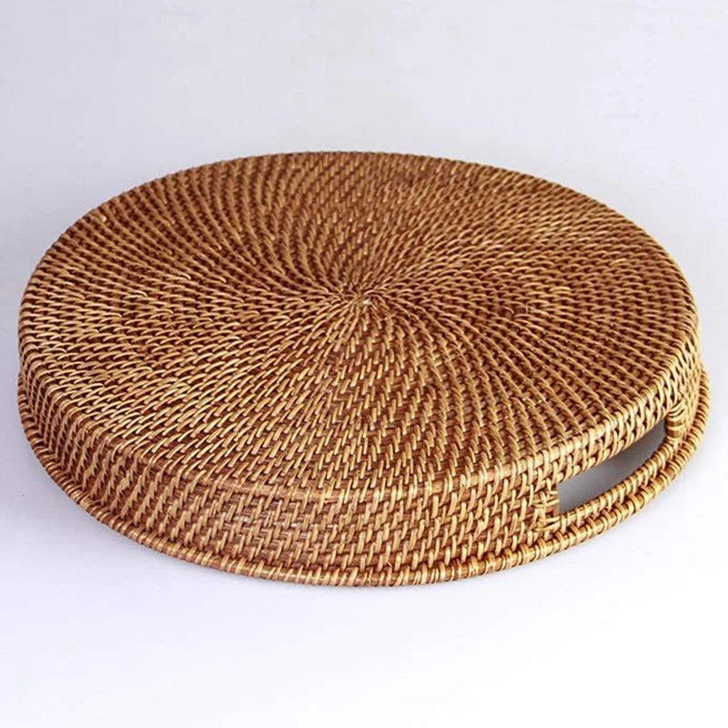 

Rattan Tray With Handle - Hand-Woven Multi-Purpose Wicker Tray With Durable Rattan Fiber (Round 13.5 Inch Diameter, Natural)