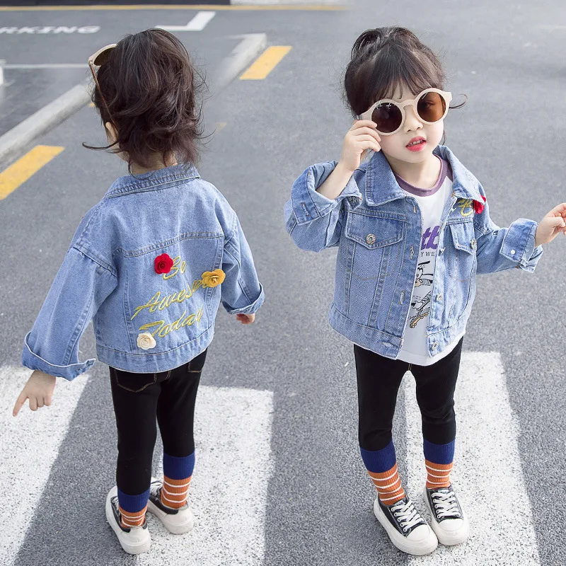 

Girls' Jean Jacket Spring And Autumn 2019 Small CHILDREN'S Spring New Style BABY'S Top Children Flower Cowboy Clothing Jacket