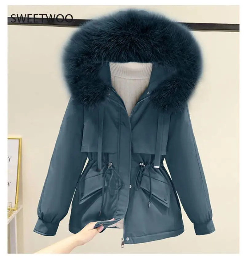 Cotton Padded  2Xl Winter Big Fur Jacket Women Loose Slim Warm Hooded Parka Coat Down Jacket 2022