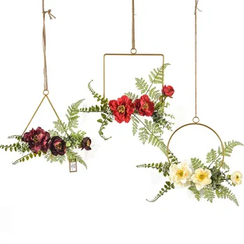 

Metal Wall Artificial Flower Rack Rustic Iron Wrought Simulation Silk Peony Garland Geometric Plant Holder Wedding Hanging Decor