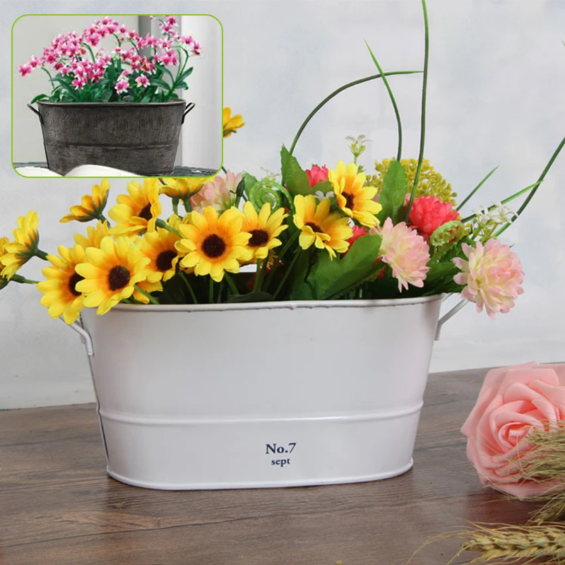 Retro Iron Flower Pot Plant Bucket Oval Planter Home Garden Balcony Decorations For Home Diy Tools Parts