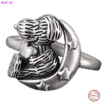 

BOCAI s990 sterling silver rings for women retro Thai silver craft ring women's fashion cartoon moon star temperament ring