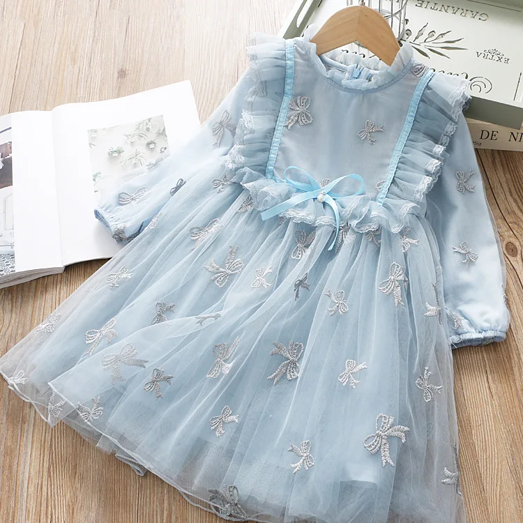 Платье принцессы для девочек с вышивкой и бантом; кружевное платье из тюля с милыми оборками; красивые вечерние платья ярких цветов в западном стиле для малышей - Цвет: Розовый