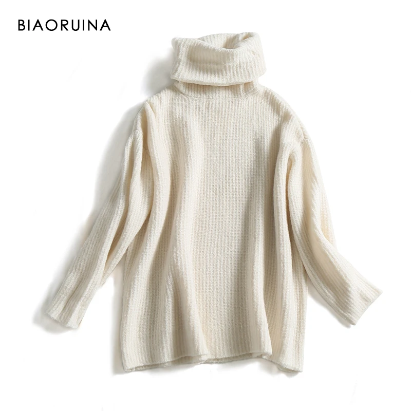 Comprar REJINAPYO 15 Color mujeres moda sólido Casual tejido suéter femenino de cuello alto talla de gran tamaño Pullover señoras elegante suéter Suelto
