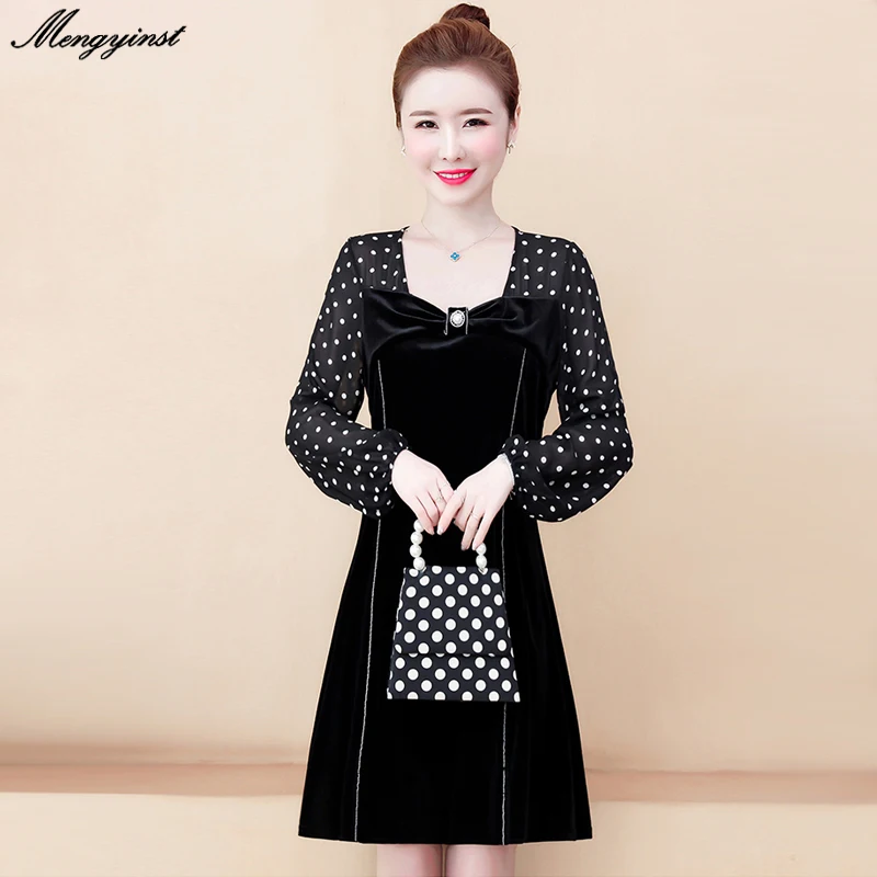 

Elegant Square Bow Collar A-line Sexy Dress Women Polka Dot Long Sleeve Fashion Vintage Party Dresses 2020 Bodycon Long Vestidos