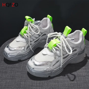 

HQFZO New HighQuality Sports Shoes Comfortable Autumn Sneaker Shoes Silver Chunky Sneakers Platform Wedges Chaussures Femme