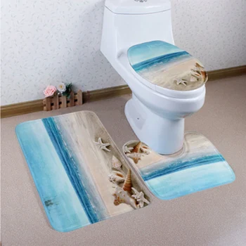 

Bathroom 3 pc carpet set 3d-printed bathroom non-slip mat blue ocean wave carpet home decoration