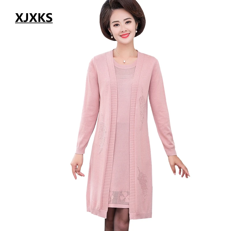 

XJXKS Autumn Sweater 2019 Oversized Cardigan Two-piece Sweater Set Tank+ Cardigan Hollow Long-sleeved Knitted Women Sweater Sets