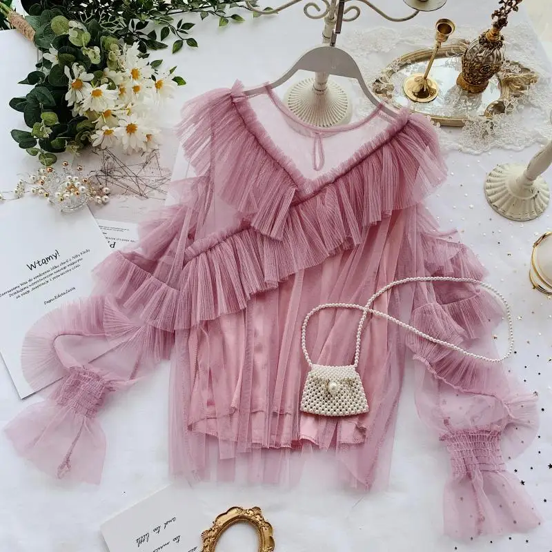 

Women Autumn Blouse Shirts Tops 2019 cooked chic gentle super fairy temperament sweet perspective mesh lotus leaf bubble sleeve