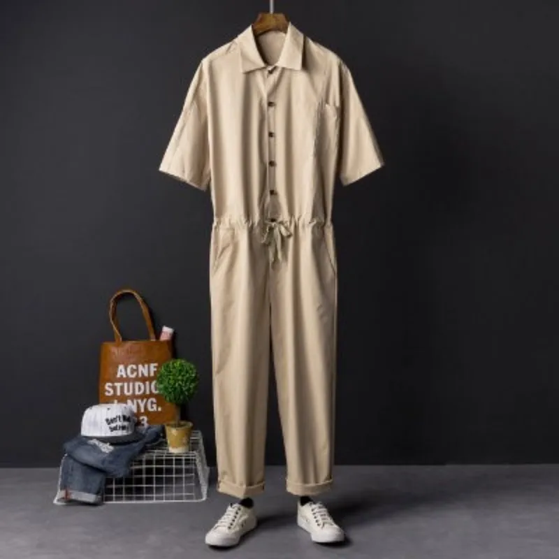 khaki Харадзюку, летний, хип-хоп, короткий рукав, однобортный, мужской комбинезон, на завязках, с карманами, Повседневный, свободный, мужской, карго, Комбинезоны - Цвет: khaki