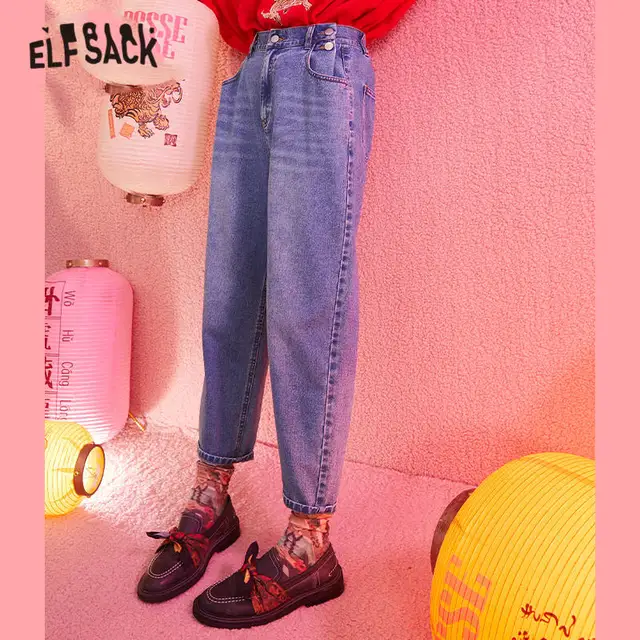 US $21.80 ELFSACK Blue Solid Pocket Washed Casual Straight Women Jeans 2020 Winter Elastic Waist Korean Loose