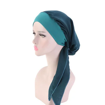 Muslim Women Print Cotton Turban Hat Headscarves Pre-Tied Cancer Chemo Headwear Bandanas Headwrap Caps Peacock Blue