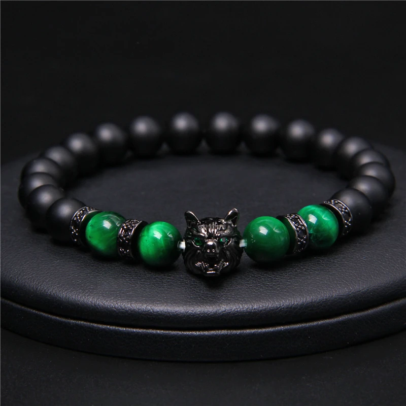 Wolf Charm Bracelets Men Women Natural Black Lava Stone 8 mm Beads