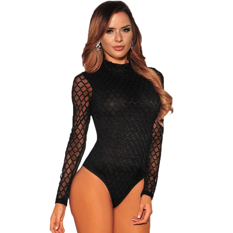 Turtleneck Teddies Черное однотонное Сетчатое боди с длинным рукавом для девушек, клубный стиль, прозрачный сексуальный комбинезон с ромбовидным принтом, женская одежда RS80792 - Цвет: Turtleneck Teddies