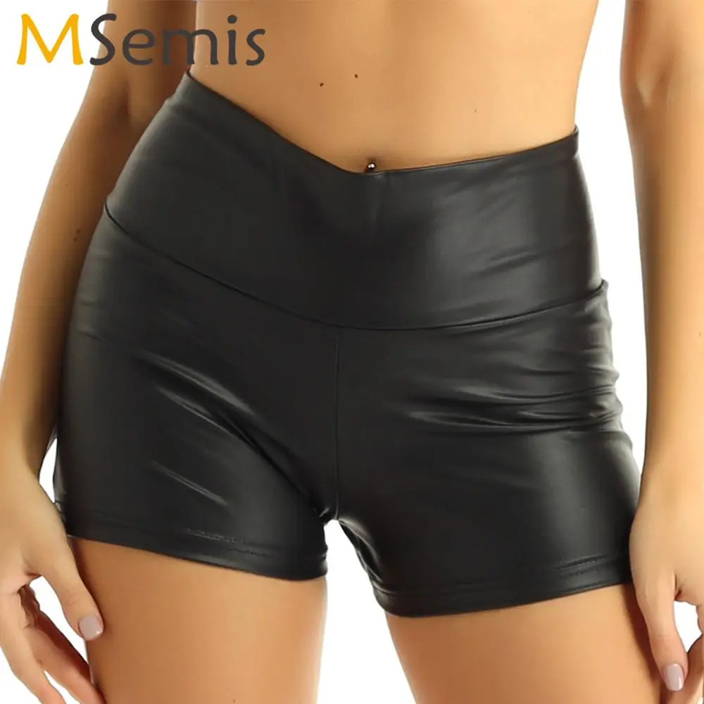 Women Wetlook Leather Booty Shorts Pole 