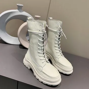 

Platform Wedges Women Ankle Boots Genuine Leather Lace Up Women Martin Boots Thick With Short Boots Motorcycle Martin shoes 2021