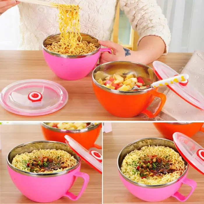 Noodle Soup Bowl With Lid Handle Stainless Steel Plastic Leak-Proof Food Container Rice Bowls Kitchen storage tool