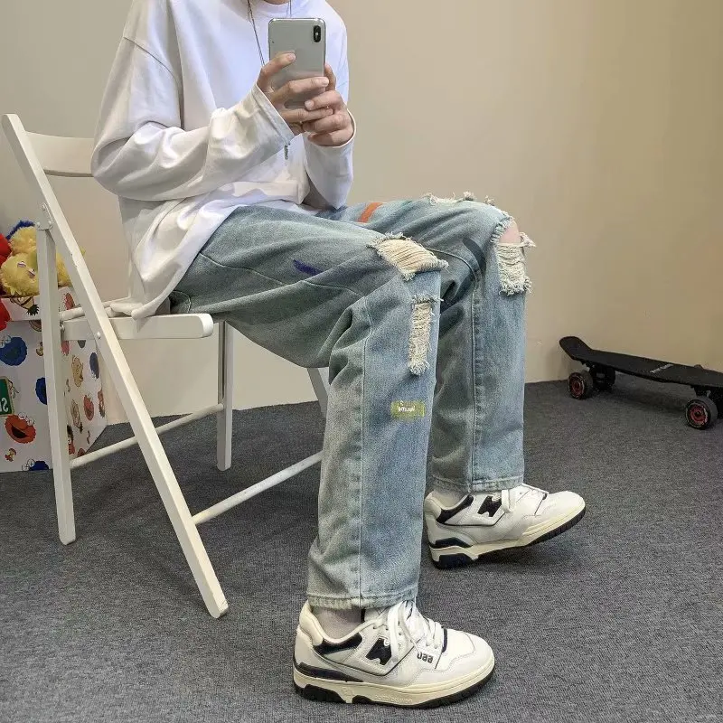ICCLEK Japanese Ripped Jeans Men's Pants Autumn Casual Straight-leg Pants Men Jeans Pants  Denim Jeans  Mens Pants