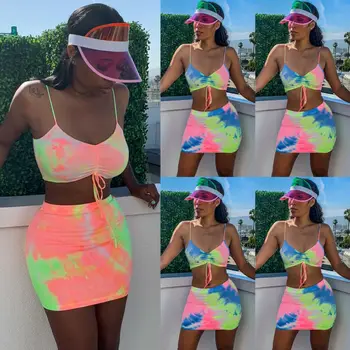 

Women Sexy 2 Piece Bodycon Two Piece Crop Top and Skirt Set Lace Up Dress Party