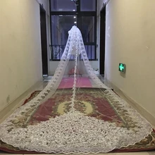 Шикарные Свадебные вуали с блестками и бусинами для собора, с аппликацией, с кружевным краем, кристаллы, 1 т, с гребнем, прикрепленной длинной, 5 м, свадебная вуаль
