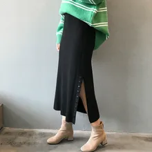 Высокая талия прямой Женский вязаный пуговица для юбки Мода Осень Зима Облегающие юбки