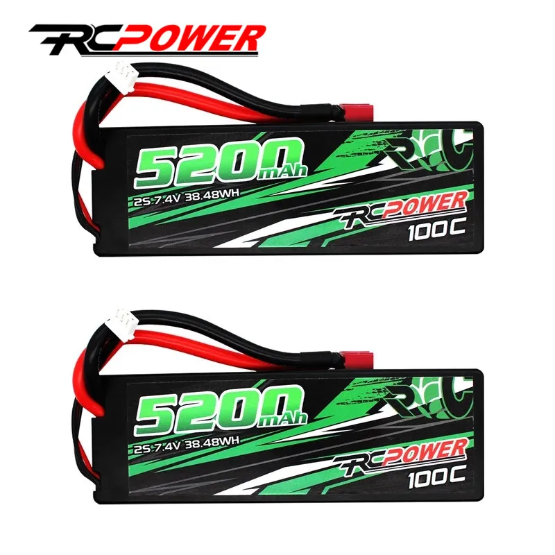 

RCPOWER 2PCS 5200mAh 7.4V 2S 100C Lipo Battery With T Deans Plug HardCase For RC Car Truck Helicopter Boats Airplane Drone