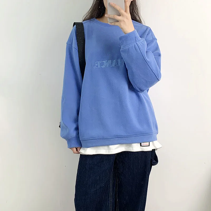 Mooirue Autumn Women Loose Sweatshirt Solid Color Velvet Thickening Letter Embroidery Candy Pullovers