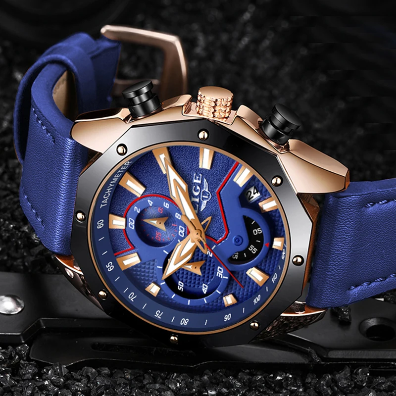 LIGE New Mens Watches Top Brand Luxury Business Quartz Watch For Men Blue Leather Waterproof Sport Chronograph Relogio Masculino | Наручные