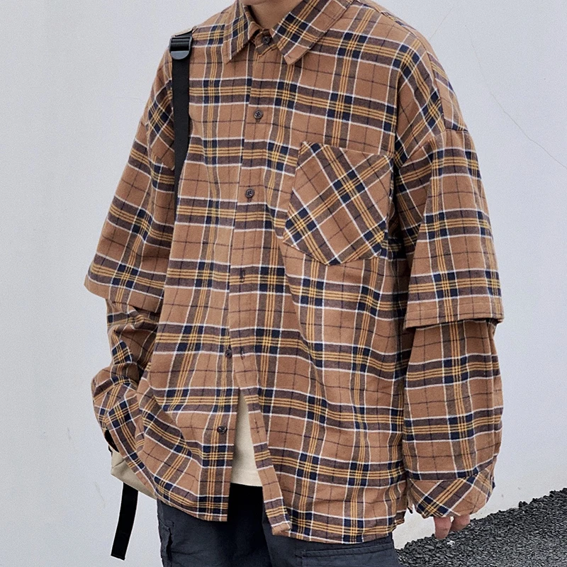 

Men Plaid Jacket Autumn Long Sleeve Fake 2PCS Splice Loose Casual Plaid Shirt Cardigan Male Women Streetwear Hip Hop Shirts Coat