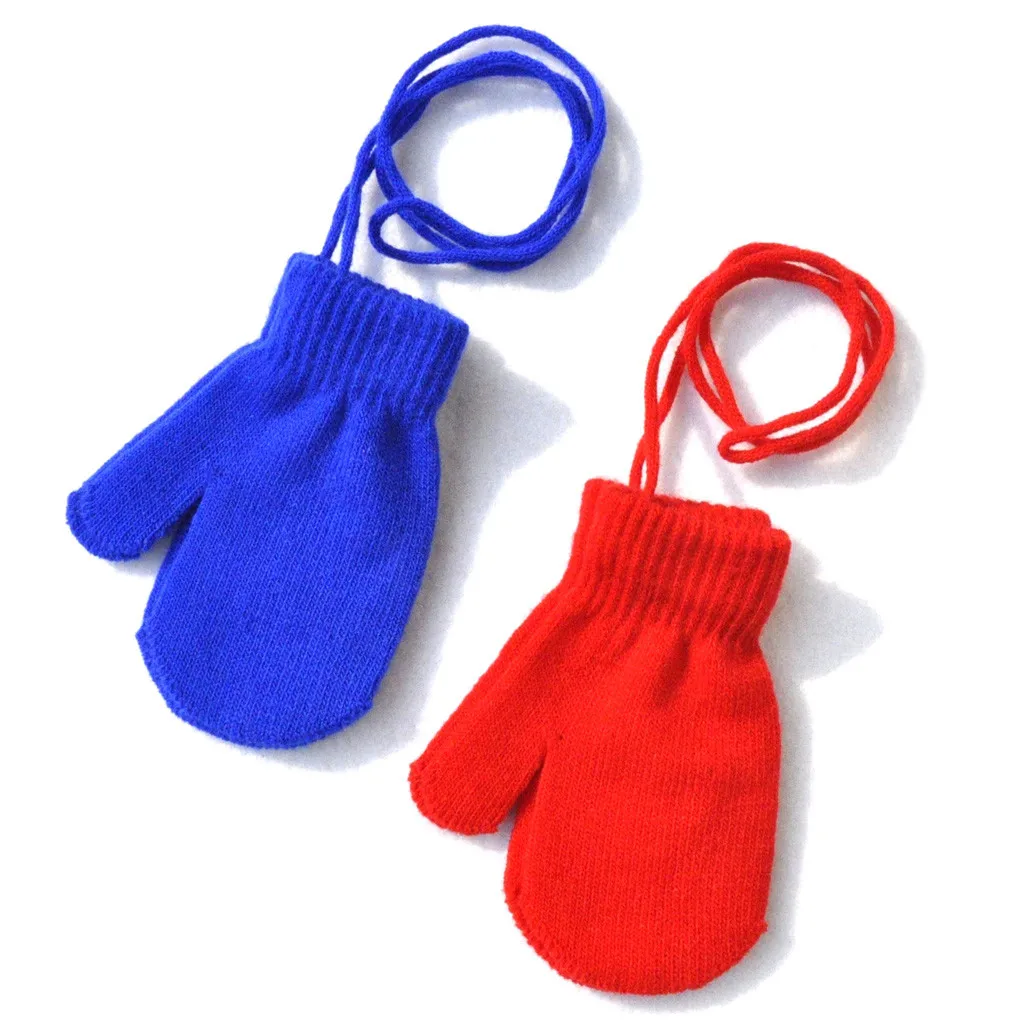 Зимние перчатки с пальцами для мальчиков и девочек, теплые одноцветные вязаные милые перчатки с завязками, варежки