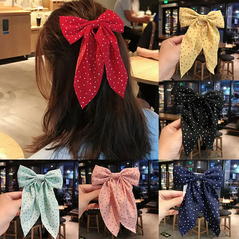 Polka Dot Print Big Bow Hair Clips Barrettes Bow Knotted Long Ribbon Chiffon Hairpin for Women Girls Hair Accessories Hairband black head scarf