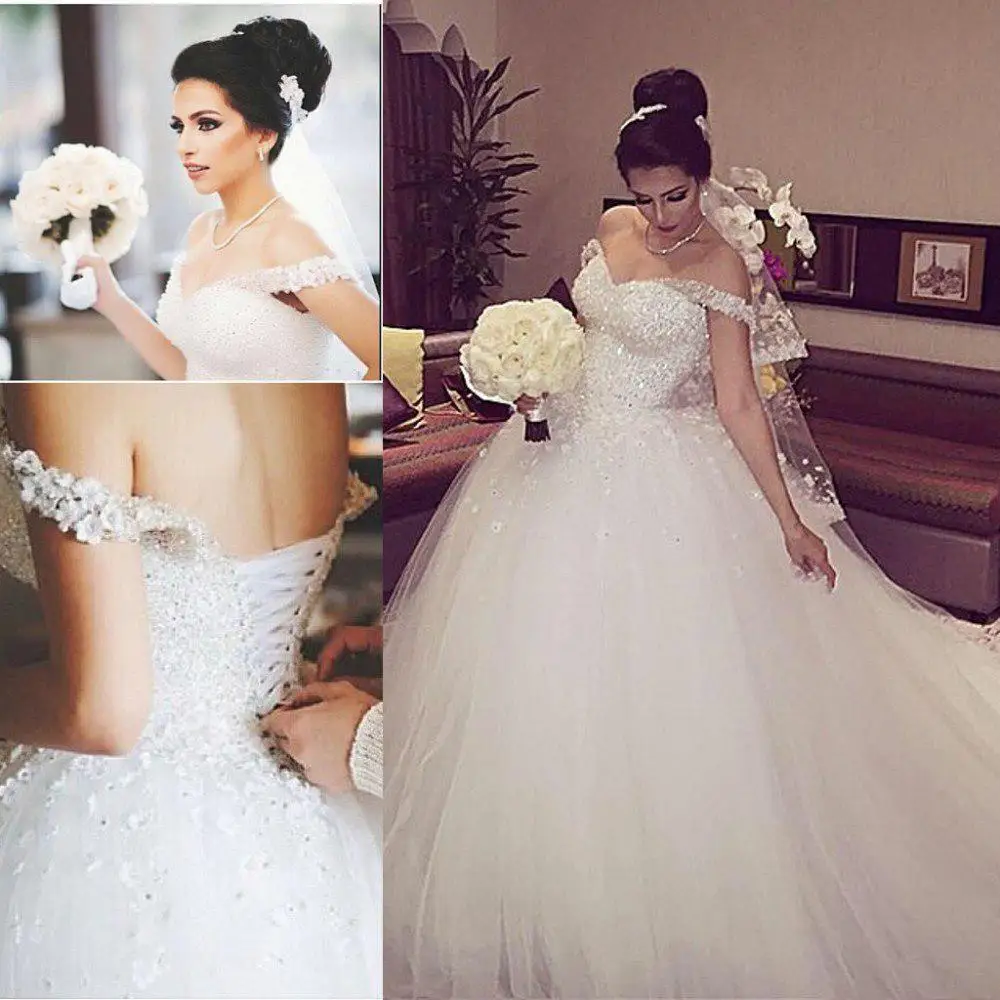 

Luxury Beaded Flowers Big Train Wedding Dress Elegant Flowers Vestido De Novia