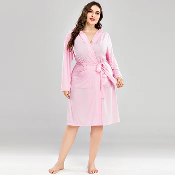 

DOIB Women Pink Kimono Robe Plus Size Solid Pink Bathrobe Sashes Pocket Oversize Hooded Robe Night Sexy Robes Nightgown