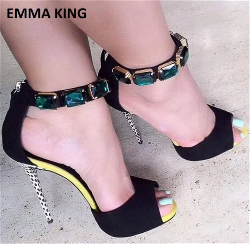 

Summer Hot Selling Women's Leather Stone Embellished Ankle Strap Open Toe High Heels Sandals Patchwork Thin Heels Women Shoes
