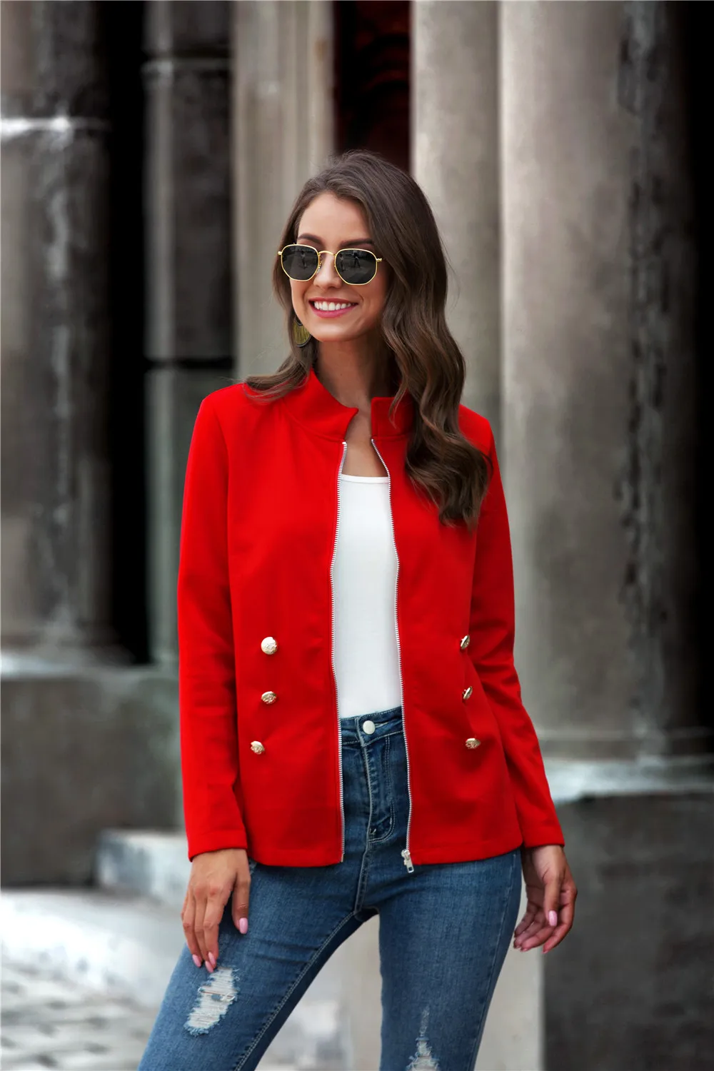 

Casual Button Jacket Women 2020 Fall Fashion Solid-Color Stand-Collar Long-Sleeves Jacket with Zipper Opening Clothes for Ladies