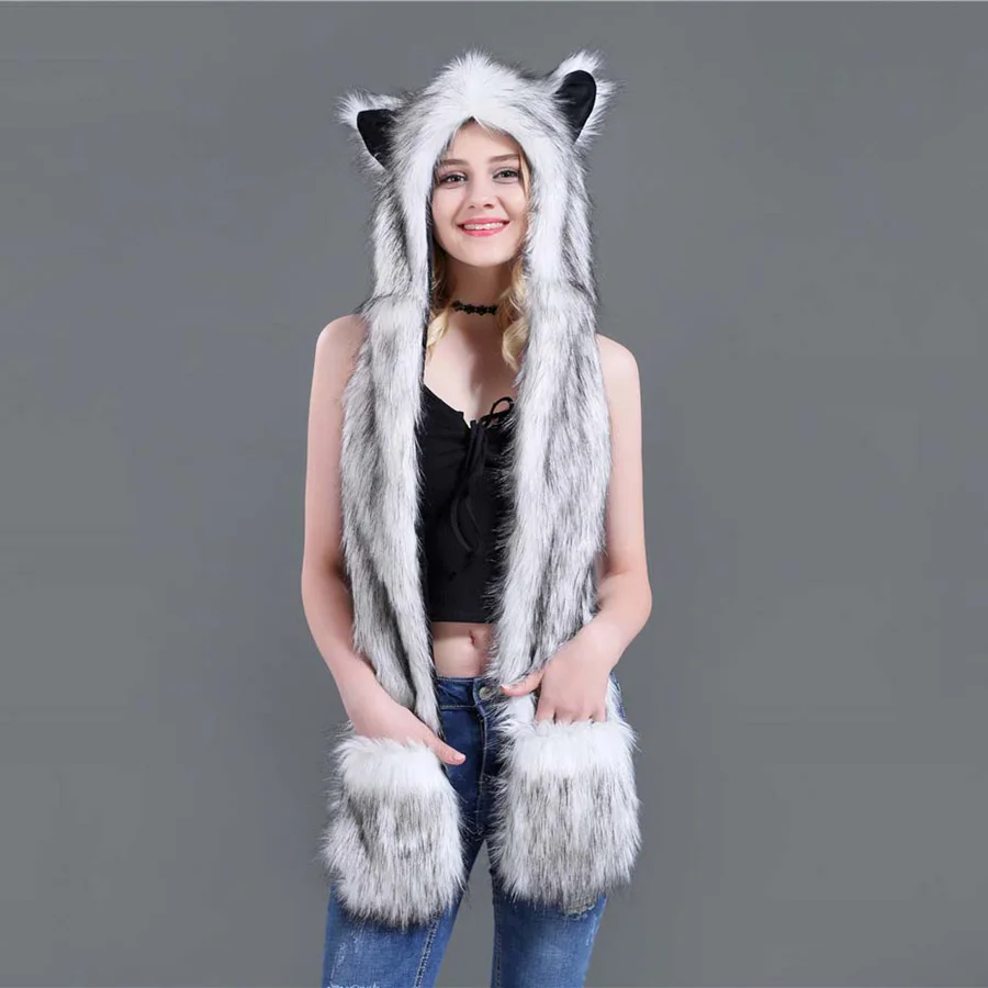 

Fashion Winter Animal Ear Hat Faux Fur Hat Belt Scarf and Glove Set for Men Women Wolf Tiger Hood Cap Bomber Hats Christmas Gift