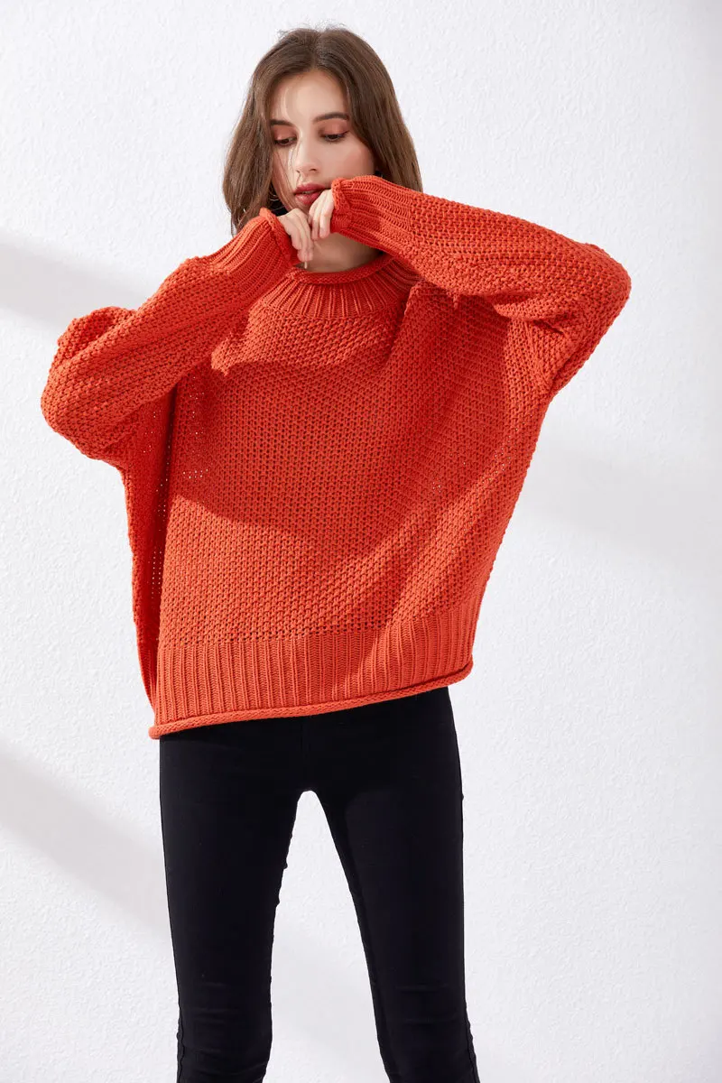 Женский красный свитер с воротником-хомутом и рукавом-фонариком, осень и зима, свитер, однотонный Стильный пуловер с длинным рукавом размера плюс, женский