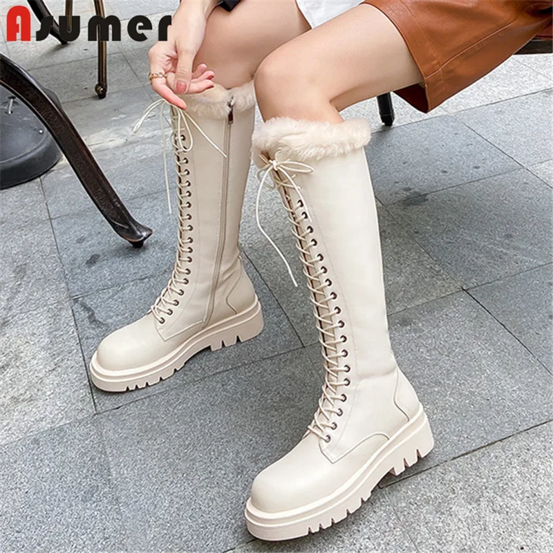 

ASUMER 2022 New Arrive Winter Shoes Women Knee High Boots Cross Tied Zip Flat Platform Shoes Casual Warm Snow Boots Ladies