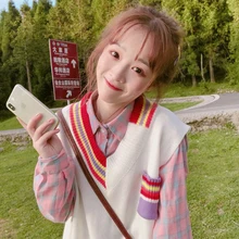 Свитера в стиле Харадзюку, женский жилет, новинка, Осенний женский свитер, жилет, клетчатая рубашка, небольшой чистый свежий комплект из двух предметов, милый головной убор