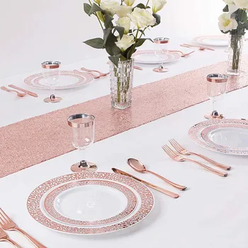 

10/20/50 pcs/set Rose Gold Disposable Clear Dinnerware Set Cups Plastic Plates Fork Knive Spoons for Wedding Party Supplies DF34