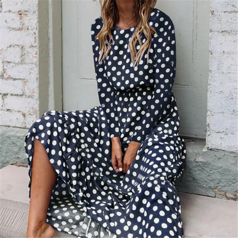 

Women Big Size Maxi Long Dress Autumn Ladies Party Holiday Party Evening Sundress Polka Dot Printed Long Sleeve Dresses Vestidos