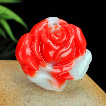 

Chinese Red White Jade Rose Pendant Flower Necklace Charm Jewellery Fashion Accessories Hand-Carved Amulet Gifts for Women Her