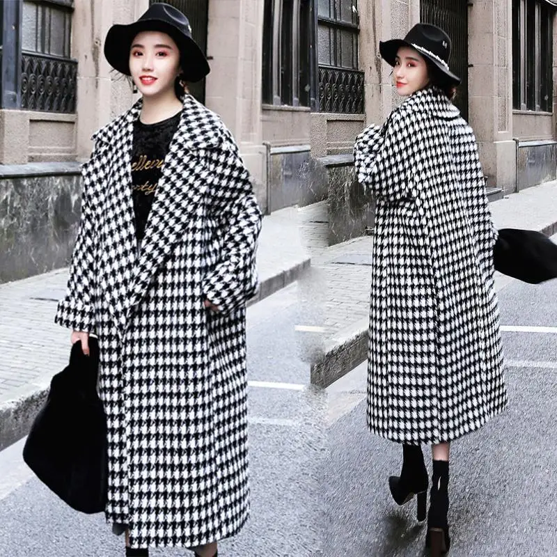 Winter Women Long Plaid Woolen Coat Female Houndstooth Coat