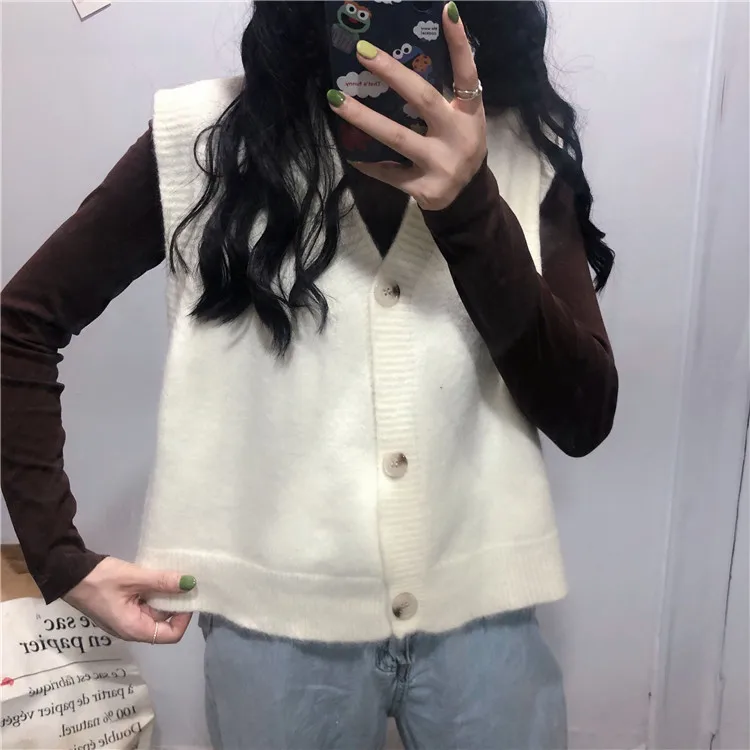 Autumn Women Solid Color Sweater Cardigan Vest Loose Wearing A Small Korean New Knitted Cardigan Single-breasted Women Vest