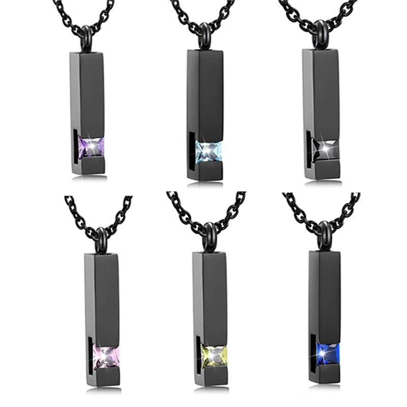 Stainless Steel Crystal Cremation Urn Jewelry Cube Memorial Ashes Necklace Pendant Keepsake Black Birthstone Series