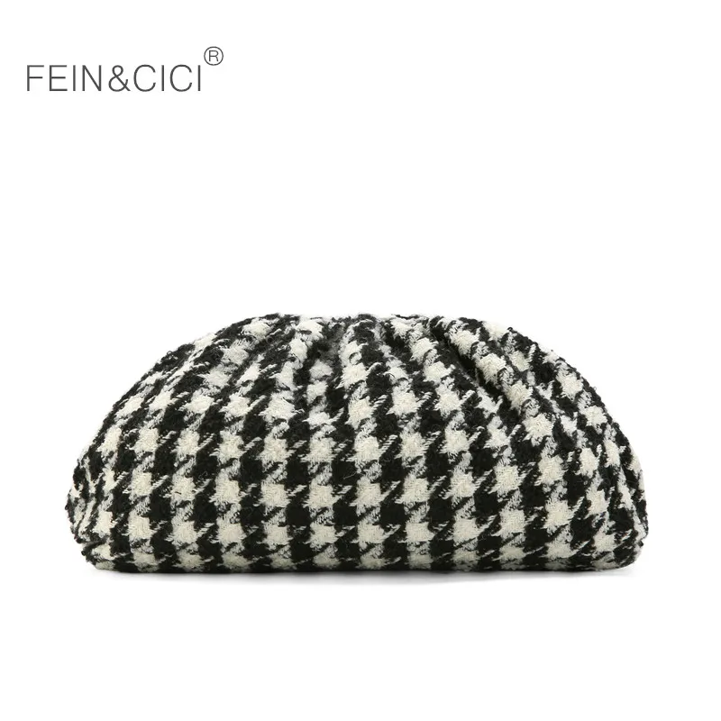Day clutch tweed Evening party purse bag women large big small ruched pillow bag winter houndstooth plaid canvas pouch handbag