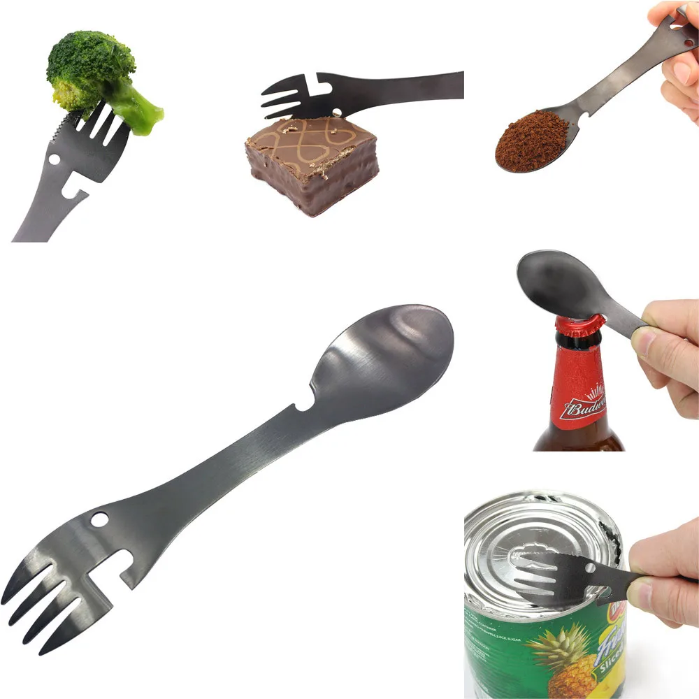 

New Survival Durable Stainless Steel Survival kitMultifunctional Camping Cookware Spoon Fork Bottle Opener Portable Tool