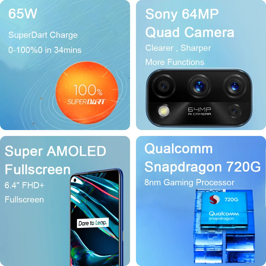 Realme 7 Pro RMX2170 NFC 6 4 ''FHD + 8GB 128GB смартфон 65 Вт SuperDart зарядка 10V/6.5A 64MP Octa Core 4500 мАч